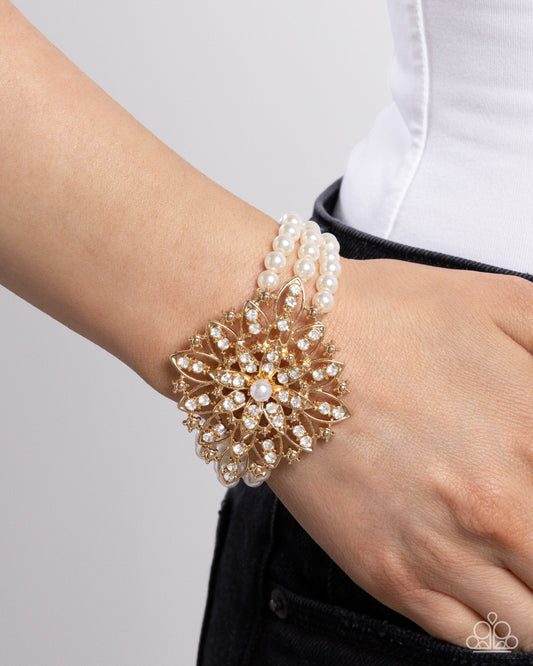 Paparazzi Accessories - Flattering Floral - Gold White Bracelet